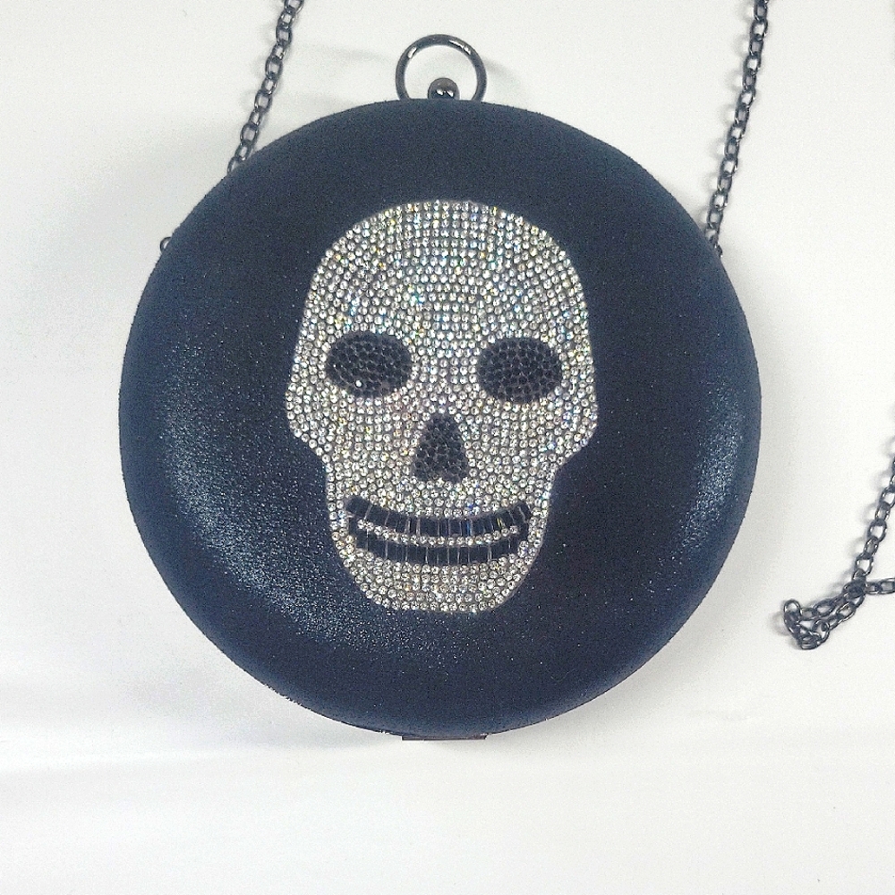 Alessia Sparkly Rhinestone Skull Pill Box Crossbody Bag Chain Strap